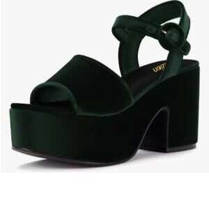 Pazzion Dark Green Chunky High Heel Platform Sandals Open Toe Ankle Strap Shoes